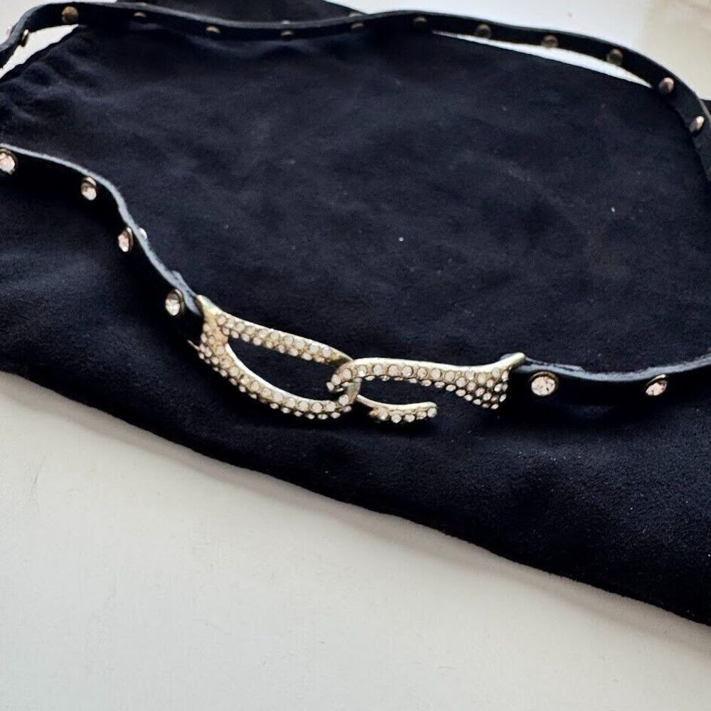 Crystal Studded Black Leather Choker Collar Interlock Punk Necklace Goth Bondage